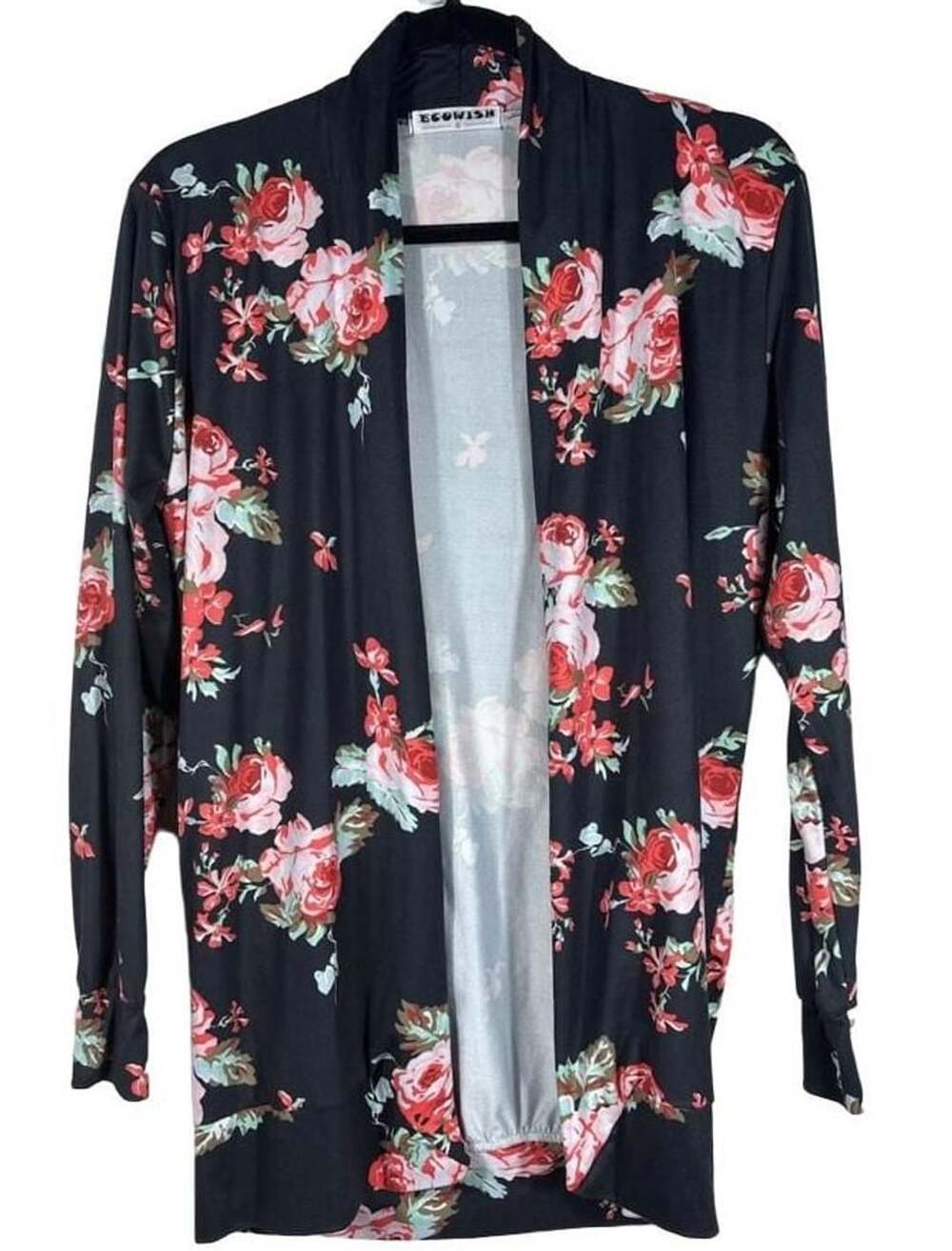Ecowish Cardigan Size S Black Floral Open Front Long Sleeve